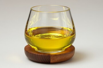Aufkleber - Glass with yellow liquid resting on a wooden coaster in a minimalist setting