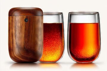 Poster - Elegant wooden beverage container with two glasses of amber liquid on a soft beige background