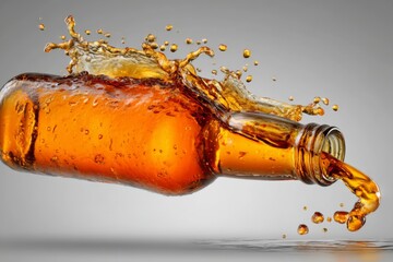 Poster - Bottle of amber liquid splashes in the air showcasing vibrant colors and dynamic movement in a studio setting