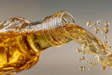 Aufkleber - Liquid pouring swiftly from a bottle creating dynamic splashes under soft lighting