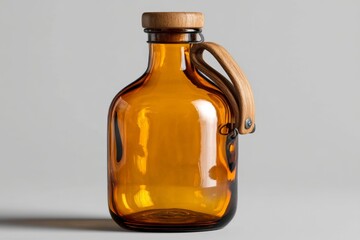 Poster - Stylish glass bottle with wooden handle placed against a neutral backdrop showcasing modern design and functionality