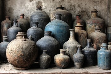 Aufkleber - Collection of antique pottery and jars displayed on wooden shelves in a rustic environment during daylight