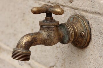 Poster - Old brass faucet mounted on a concrete wall with a droplet of water hanging from the spout