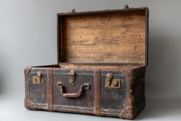 Aufkleber - Vintage wooden trunk with metal accents displayed in an artistic setting, showcasing its weathered charm and history