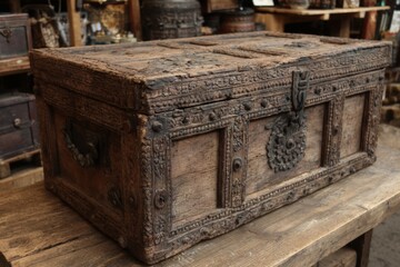 Aufkleber - Antique wooden chest with intricate carvings on display in a rustic interior space