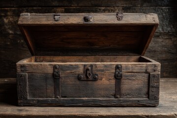 Poster - Wooden treasure chest revealing an empty interior set against a rustic wooden backdrop