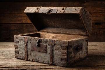 Poster - Old wooden chest rests on rustic wooden table with slightly open lid revealing empty interior