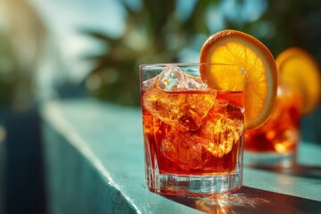 Poster - Refreshing cocktail served with ice and orange slice on a sunny day