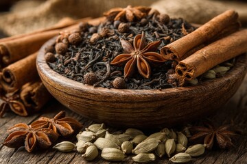 Poster - Aromatic spices and loose black tea blend in a wooden bowl on rustic wooden surface