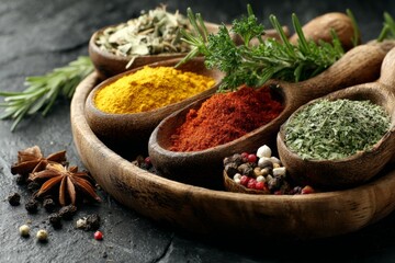 Poster - Vibrant spices arranged in wooden spoons on dark slate surface for culinary inspiration in kitchen
