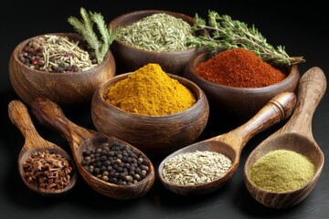 Poster - Colorful spices displayed in wooden bowls and spoons on a dark surface for culinary inspiration and cooking enhancement