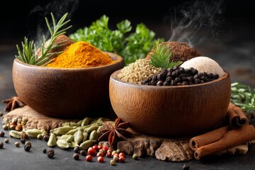 Poster - Aromatic spices and herbs arranged in wooden bowls on a dark countertop