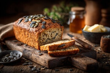 Poster - Delicious homemade bread with pumpkin seeds displayed on a wooden board