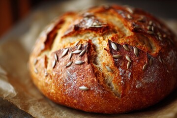 Poster - Freshly baked artisanal bread with sunflower seeds on parchment paper in a cozy kitchen setting