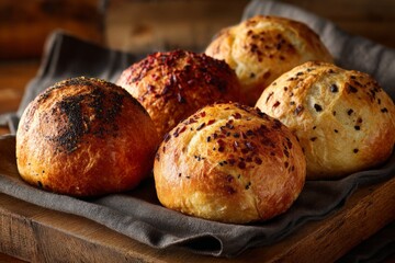 Poster - Freshly baked rolls served on a wooden platter with a variety of toppings highlighting flavors and textures
