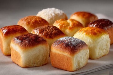 Poster - Soft and fluffy homemade rolls arranged neatly on a light cloth, showcasing golden and brown crusts in a warm setting