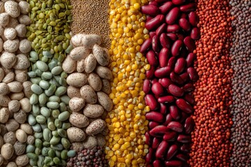 Poster - Colorful arrangement of various dried legumes and seeds displayed in neat rows in a vibrant pattern