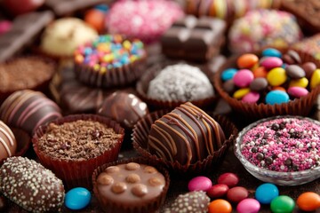 Poster - Delicious assortment of handcrafted chocolates and candies displayed on a wooden table