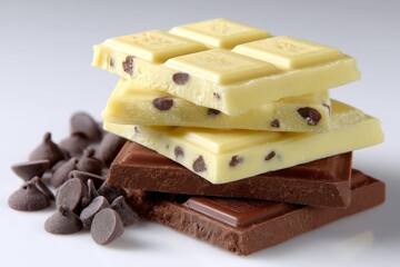 Aufkleber - Delicious assortment of chocolate bars and chips stacked neatly on a clean surface