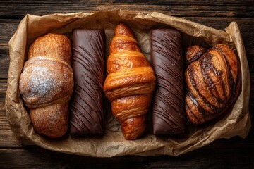 Poster - Assorted pastries and chocolate treats arranged neatly on brown parchment paper in a rustic setting