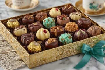Aufkleber - Delicious assortment of handcrafted chocolates in an elegant golden box on a marble table