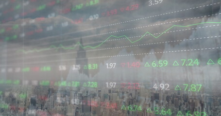 Aufkleber - Image of financial graph and data processing over cityscape