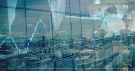 Poster - Image of financial graph and data processing over person using tablet