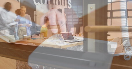 Poster - Image of person using computer over group of business people