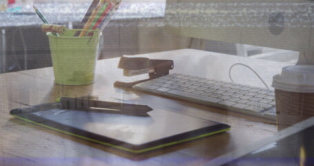 Poster - Image of desk over group of business people walking