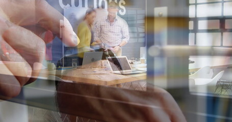Poster - Image of person using smartwatch over group of business people