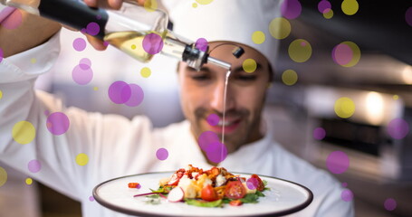 Poster - Image of falling yellow and purple dots over cook