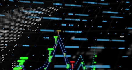Poster - Image of digital data processing and world map over black background