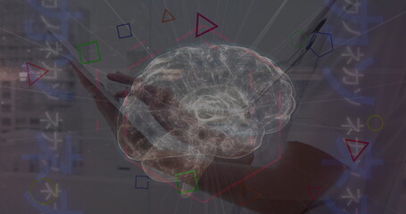 Poster - Image of globe and network of connections with digital icons over warehouse