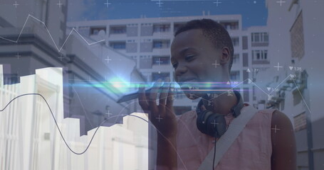 Poster - Image of digital data processing over african american women using smarthone