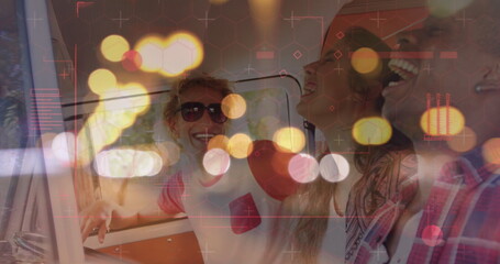 Poster - Image of digital data processing and glowing lights over diverse people in car
