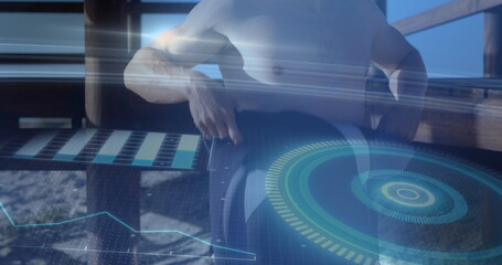 Poster - Image of digital data processing over caucasian surfer