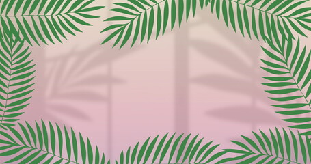 Poster - Image of green leaves over moving shadows on pink background