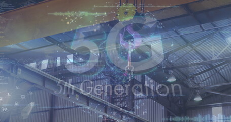 Poster - Image of digital data processing and 5g text over crane