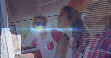 Poster - Image of digital data processing and glowing lights over diverse people in car