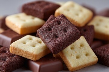 Aufkleber - Delicious assortment of chocolate and vanilla square cookies piled on a table