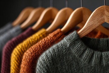 Aufkleber - Variety of textured sweaters displayed on hangers in a cozy indoor setting during autumn