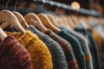 Poster - Colorful knitwear hanging in a cozy shop showcasing various patterns and textures during autumn