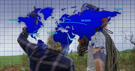 Poster - Image of world map over two lumberjacks