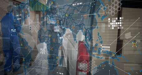 Poster - Image of world map over delivery man next to a car