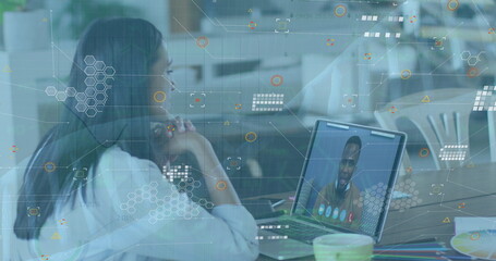 Poster - Image of icons and dna over woman having image call on laptop