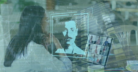 Poster - Image of graphs and user photos over woman having image call on laptop