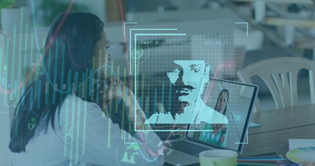 Poster - Image of graphs and user photos over woman having image call on laptop