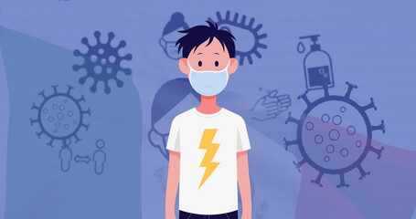 Poster - Image of man in face mask over virus cells and icons on violet background