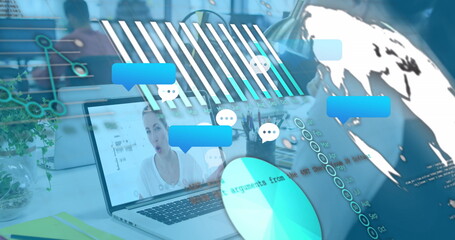 Poster - image of social media reactions and graphs over caucasian woman having image call on laptop