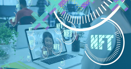 Poster - Image of nft and crosses over caucasian woman having image call on laptop
